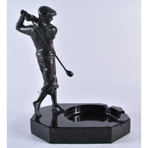 499 - A STYLISH ART DECO PATINATED METAL AND MARBLE GOLFING GENTLEMANS DESK STAND possibly bronze. 27 cm x... 