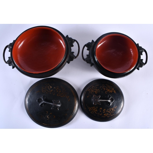 510 - TWO 19TH CENTURY CONTINENTAL TWIN HANDLED LACQUER BOXES AND COVERS. Largest 23 cm wide. (2)