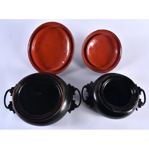 510 - TWO 19TH CENTURY CONTINENTAL TWIN HANDLED LACQUER BOXES AND COVERS. Largest 23 cm wide. (2)