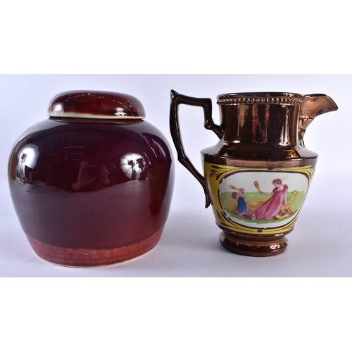 515 - A 19TH CENTURY SUNDERLAND LUSTRE JUG together with a flambe glazed ginger jar and cover. Largest 16 ... 