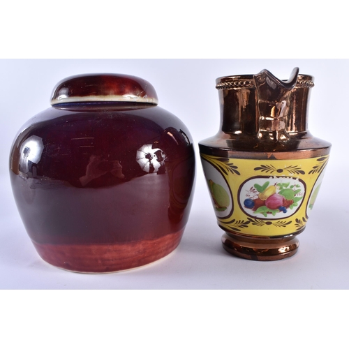 515 - A 19TH CENTURY SUNDERLAND LUSTRE JUG together with a flambe glazed ginger jar and cover. Largest 16 ... 