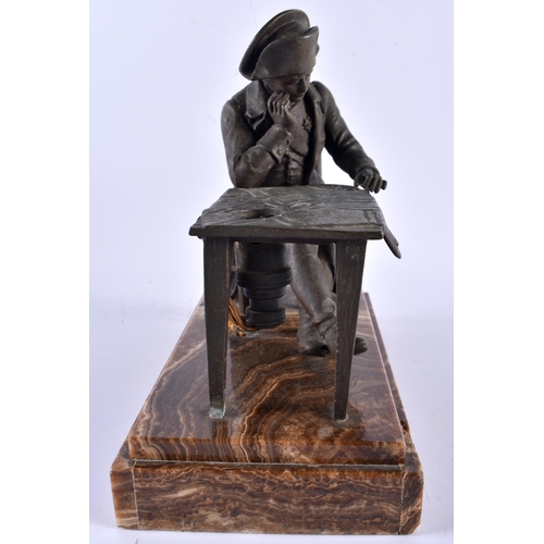 534 - AN ANTIQUE FRENCH SPELTER AND MARBLE FIGURAL GROUP modelled upon a stepped base. 21 cm x 21 cm.