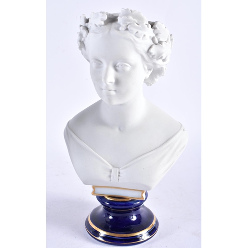 550 - A LOVELY PAIR OF 19TH CETURY CONTINENTAL BISQUE AND POWDER BLUE PORCELAIN BUSTS modelled upon pedest... 