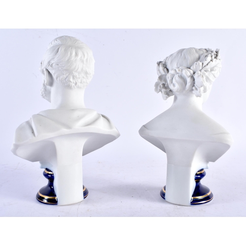 550 - A LOVELY PAIR OF 19TH CETURY CONTINENTAL BISQUE AND POWDER BLUE PORCELAIN BUSTS modelled upon pedest... 