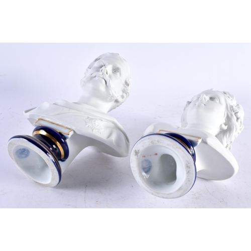 550 - A LOVELY PAIR OF 19TH CETURY CONTINENTAL BISQUE AND POWDER BLUE PORCELAIN BUSTS modelled upon pedest... 