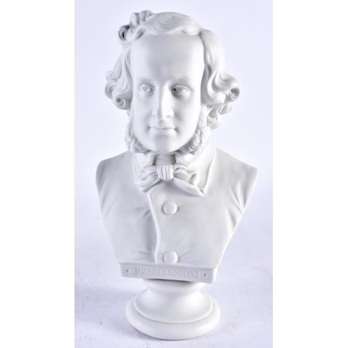 551 - A PAIR OF ANTIQUE BISQUE PORCELAIN PARIAN WARE BUSTS depicting Mendelssohn & Gounod. 21 cm high.