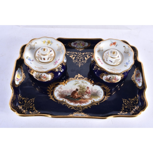 557 - A FINE 19TH CENTURY MEISSEN PORCELAIN DESK STAND comprising of tray, a pair of inkwells, two pen tra... 