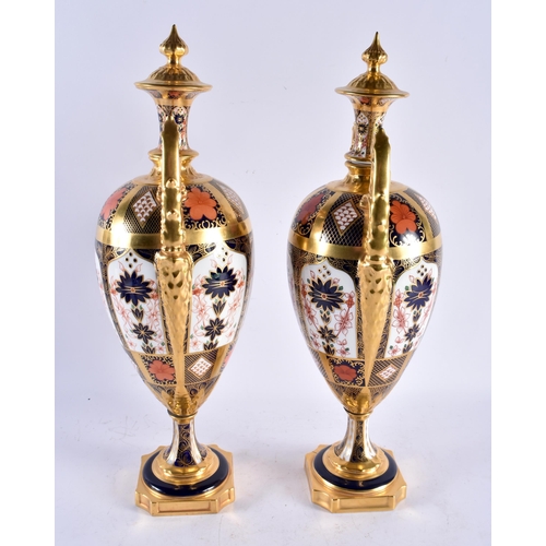 561 - A LOVELY LARGE PAIR OF ROYAL CROWN DERBY IMARI TWIN HANDLED PORCELAIN VASES. 42 cm x 14 cm.