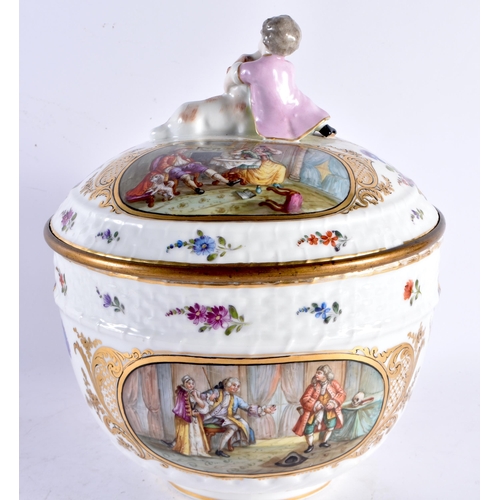 563 - A LARGE 19TH CENTURY GERMAN VOLKSTEDT MEISSEN STYLE PORCELAIN BOWL AND COVER painted with figures wi... 