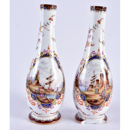 569 - A PAIR OF 19TH CENTURY GERMAN MEISSEN PORCELAIN VASES painted with coastal scenes and flowers. 19 cm... 