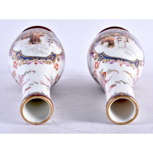 569 - A PAIR OF 19TH CENTURY GERMAN MEISSEN PORCELAIN VASES painted with coastal scenes and flowers. 19 cm... 