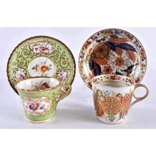57 - TWO EARLY 19TH CENTURY CHAMBERLAINS WORCESTER CUPS AND SAUCERS one painted with imari foliage, the o... 