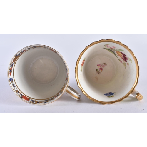 57 - TWO EARLY 19TH CENTURY CHAMBERLAINS WORCESTER CUPS AND SAUCERS one painted with imari foliage, the o... 