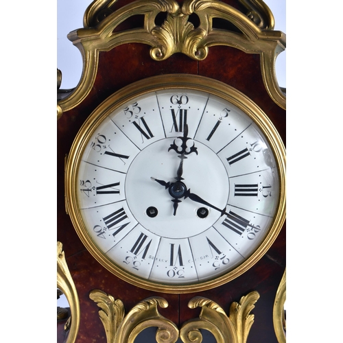 573 - A LOVELY LARGE 19TH CENTURY FRENCH BRONZE AND TORTOISESHELL CLOCK GARNITURE with large enamelled dia... 