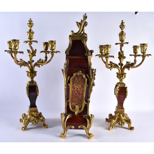 573 - A LOVELY LARGE 19TH CENTURY FRENCH BRONZE AND TORTOISESHELL CLOCK GARNITURE with large enamelled dia... 