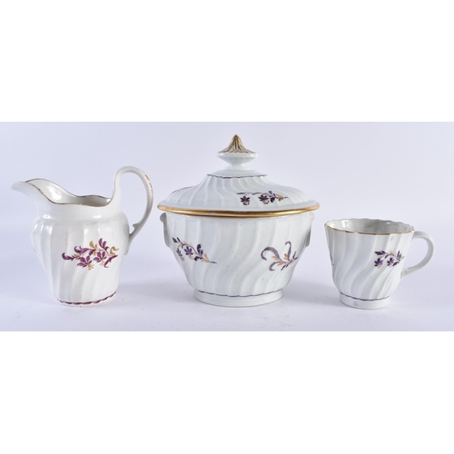 58 - A PART LATE 18TH/19TH CENTURY BARR WORCESTER PORCELAIN TEASET painted with puce and gilt foliage. La... 