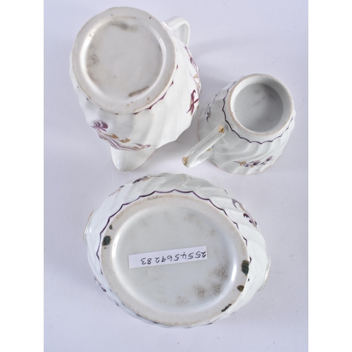 58 - A PART LATE 18TH/19TH CENTURY BARR WORCESTER PORCELAIN TEASET painted with puce and gilt foliage. La... 