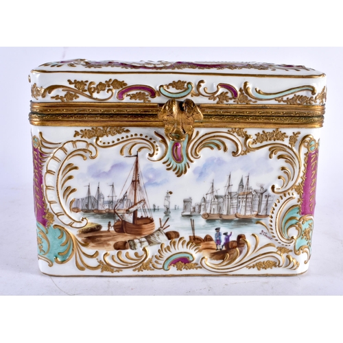 580 - A LARGE 19TH CENTURY GERMAN RELIEF DECORATED PORCELAIN CASKET probably Volkstedt, painted with marit... 