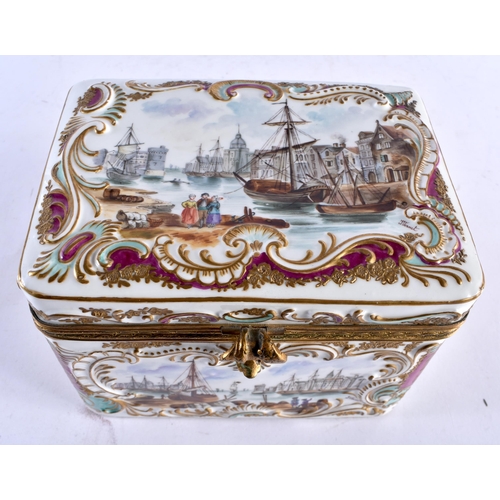 580 - A LARGE 19TH CENTURY GERMAN RELIEF DECORATED PORCELAIN CASKET probably Volkstedt, painted with marit... 