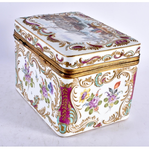 580 - A LARGE 19TH CENTURY GERMAN RELIEF DECORATED PORCELAIN CASKET probably Volkstedt, painted with marit... 