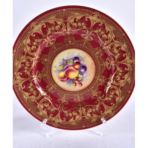 586 - A FINE ROYAL WORCESTER RAISED GILT PORCELAIN FRUIT PAINTED PLATE by P Lynes. 26 cm diameter.