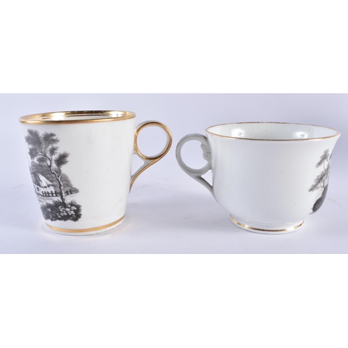 59 - TWO EARLY 19TH CENTURY ENGLISH SEPIA PRINTED BLACK AND WHITE CUPS AND SAUCERS together with a C1800 ... 