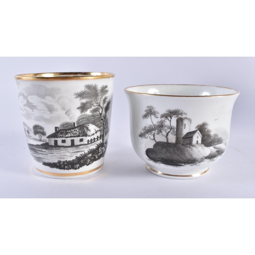 59 - TWO EARLY 19TH CENTURY ENGLISH SEPIA PRINTED BLACK AND WHITE CUPS AND SAUCERS together with a C1800 ... 