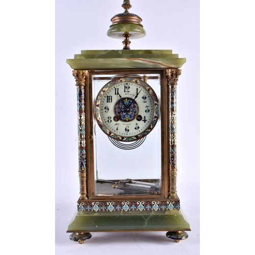 595 - A LARGE LATE 19TH CENTURY FRENCH ONYX AND CHAMPLEVE ENAMEL MANTEL CLOCK bearing unusual Shanghai ret... 