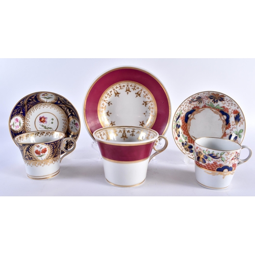 62 - THREE EARLY 19TH CENTURY CHAMBERLAINS WORCESTER CUPS SAUCERS. Largest 14 cm diameter. (6)