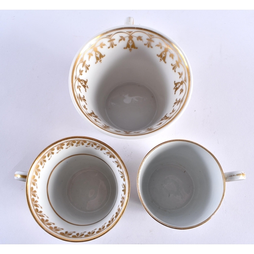 62 - THREE EARLY 19TH CENTURY CHAMBERLAINS WORCESTER CUPS SAUCERS. Largest 14 cm diameter. (6)