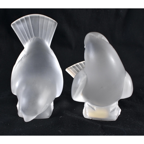 629 - TWO FRENCH LALIQUE GLASS BIRDS. Largest 10 cm x 10 cm. (2)