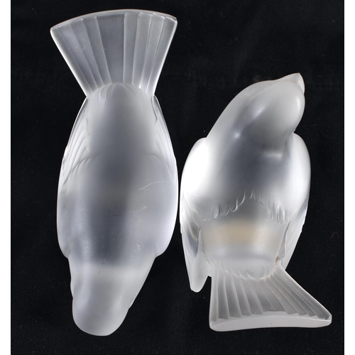 629 - TWO FRENCH LALIQUE GLASS BIRDS. Largest 10 cm x 10 cm. (2)