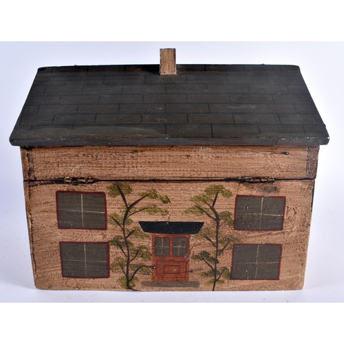 632 - A CONTINENTAL FOLK ART CARVED WOOD HOUSE TEA CADDY. 26 cm x 24 cm.