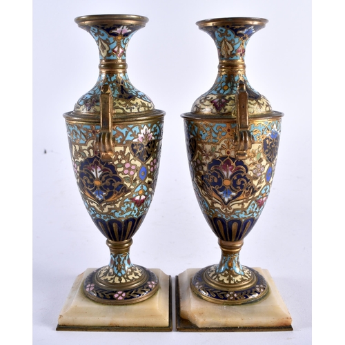 633 - A PAIR OF 19TH CENTURY FRENCH CHAMPLEVE ENAMEL BRONZES VASES decorated with flowers. 15 cm high.