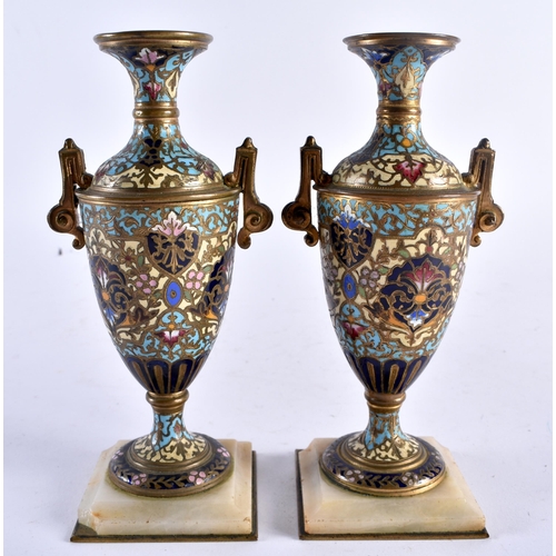 633 - A PAIR OF 19TH CENTURY FRENCH CHAMPLEVE ENAMEL BRONZES VASES decorated with flowers. 15 cm high.