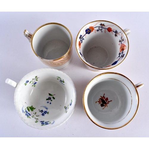 64 - FOUR EARLY 19TH CENTURY WORCESTER CUPS AND SAUCER including Flight Barr & Barr & Chamberlains. (8)