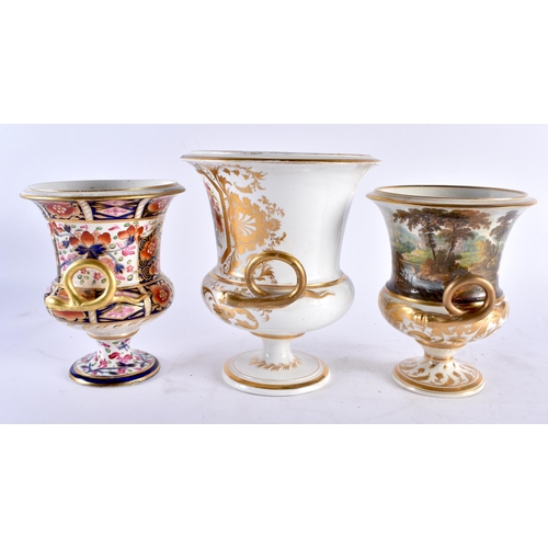 644 - THREE EARLY 19TH CENTURY DERBY TWIN HANDLED PORCELAIN VASES painted with various subjects. Largest 2... 