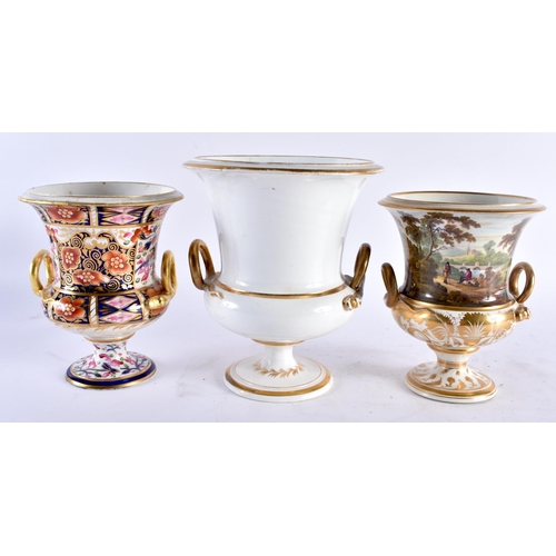 644 - THREE EARLY 19TH CENTURY DERBY TWIN HANDLED PORCELAIN VASES painted with various subjects. Largest 2... 