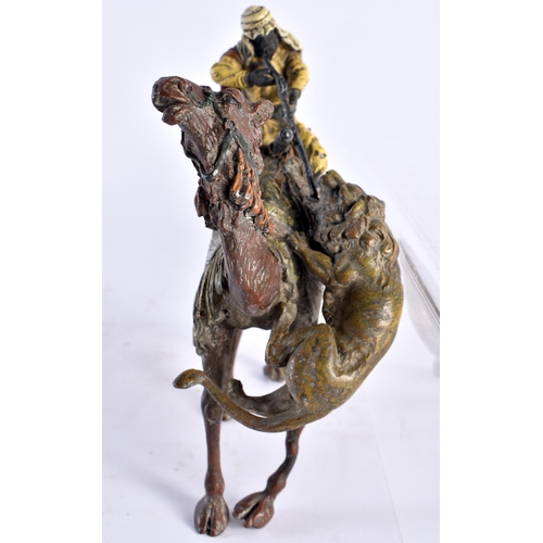 650 - A CONTEMPORARY COLD PAINTED BRONZE ARABIC HUNTING CAMEL FIGURE. 18 cm x 12 cm.