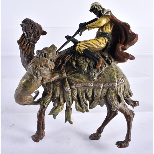 650 - A CONTEMPORARY COLD PAINTED BRONZE ARABIC HUNTING CAMEL FIGURE. 18 cm x 12 cm.