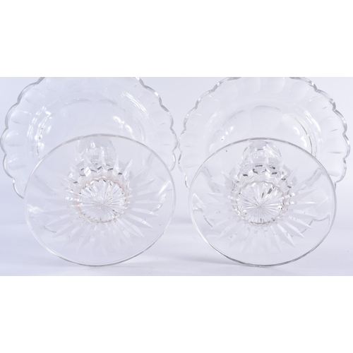 703 - A PAIR OF ANTIQUE CUT GLASS PEDESTAL COMPORTS. 19 cm x 14 cm.