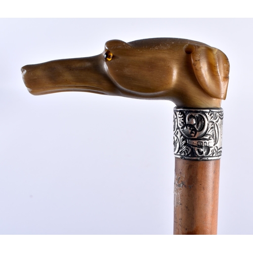 711 - A VICTORIAN SILVER MOUNTED CARVED RHINOCEROS HORN DOG HEAD WALKING CANE. 88 cm long.