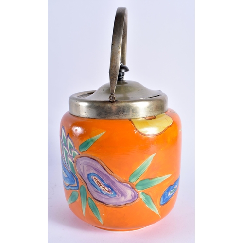 724 - AN ART DECO CLARICE CLIFF BIZARRE BISCUIT BARREL AND COVER. 25 cm x 12 cm inc handle.