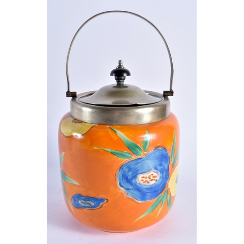 724 - AN ART DECO CLARICE CLIFF BIZARRE BISCUIT BARREL AND COVER. 25 cm x 12 cm inc handle.