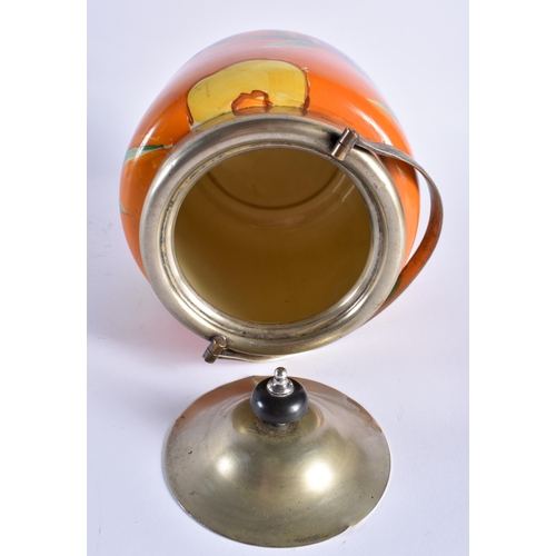 724 - AN ART DECO CLARICE CLIFF BIZARRE BISCUIT BARREL AND COVER. 25 cm x 12 cm inc handle.