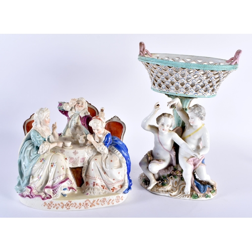 750 - AN ANTIQUE GERMAN MEISSEN PORCELAIN FIGURAL GROUP together with a Sitzendorf figural group. Largest ... 