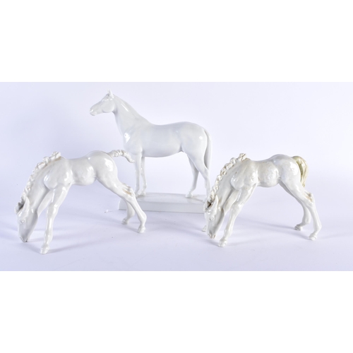 755 - THREE GERMAN MEISSEN PORCELAIN FIGURES OF HORSES. Largest 18 cm x 16 cm. (3)