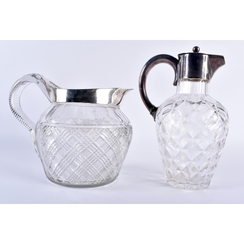 756 - AN ANTIQUE SILVER PLATED CUT GLASS CLARET JUG together with another silver plated mounted cut glass ... 