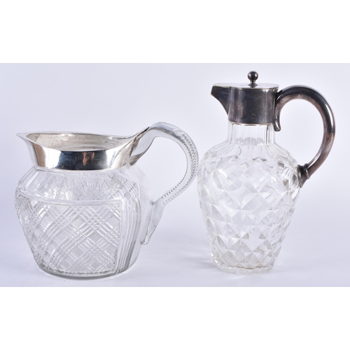 756 - AN ANTIQUE SILVER PLATED CUT GLASS CLARET JUG together with another silver plated mounted cut glass ... 