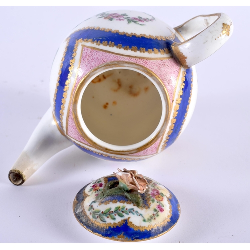 76 - AN 18TH CENTURY SEVRES PORCELAIN TEAPOT AND COVER painted with floral sprays. 12 cm wide.